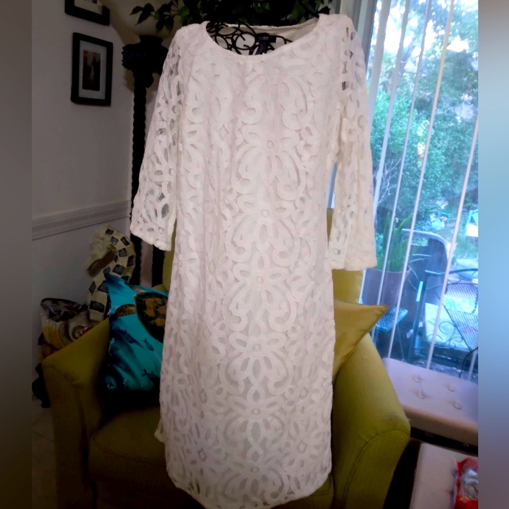 Glamour White LACE Sheath Dress 3/4 Sleeve - Picture 2 of 9